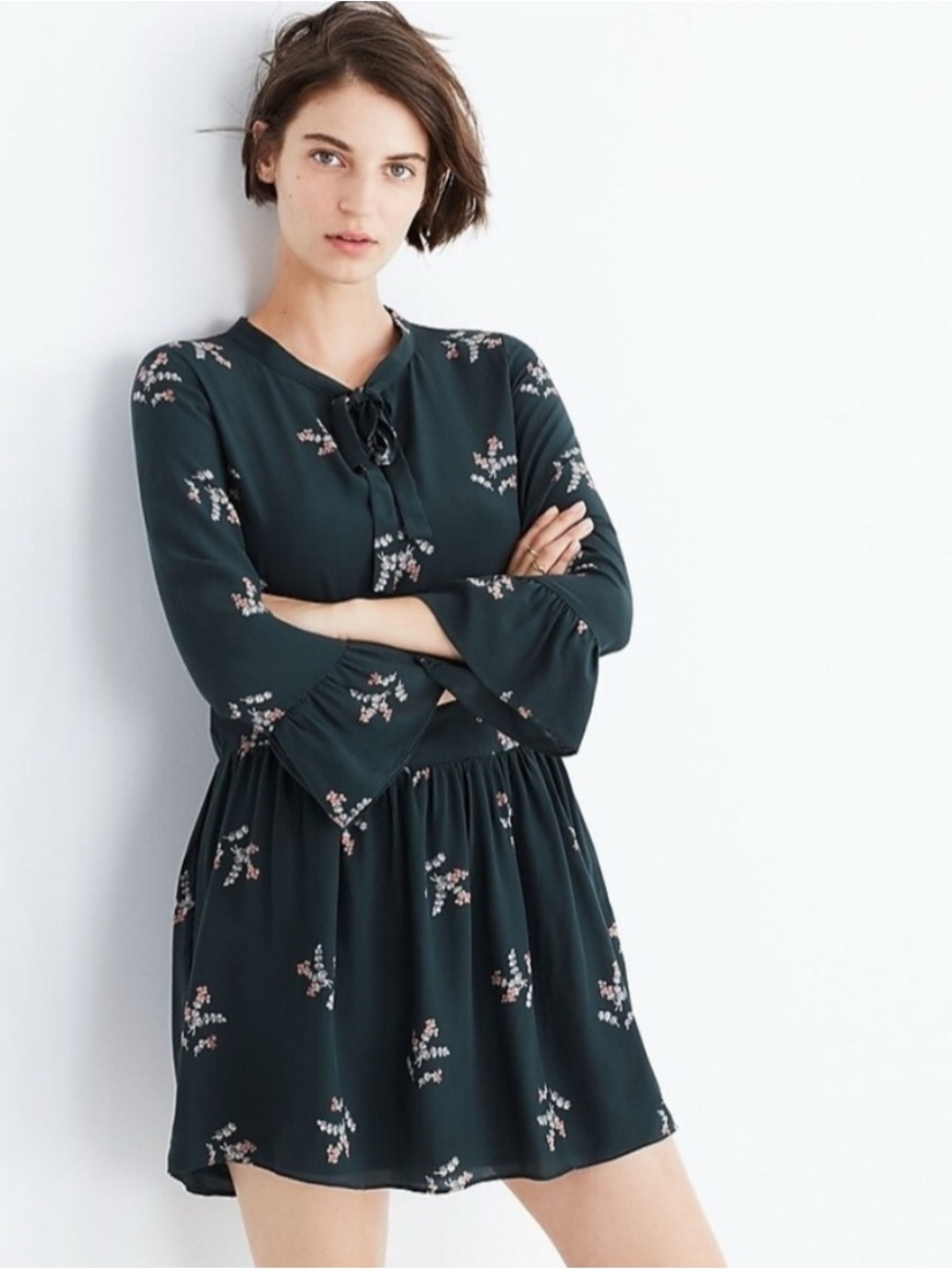Madewell Silk Green Floral Tie-Neck Mini Dress
